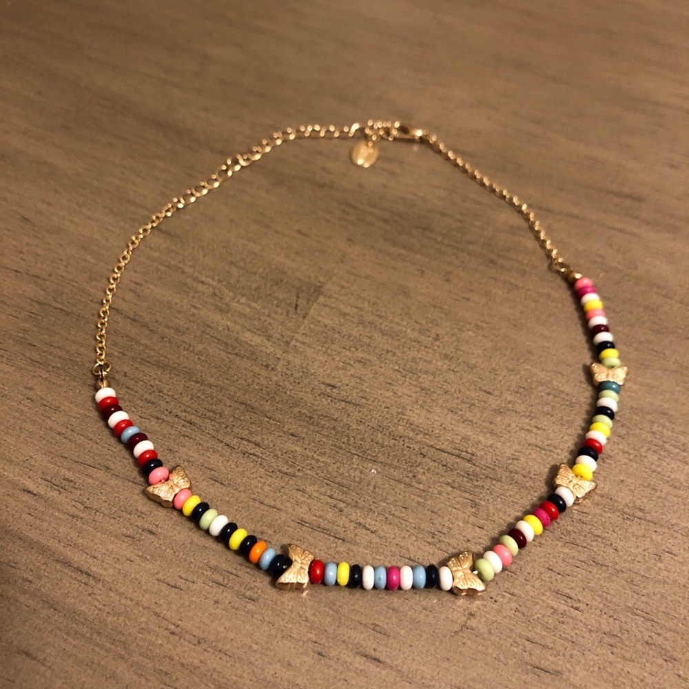 Vintage Colorful Beaded Necklace with Gold Tone Accents (small, choker, or girl)